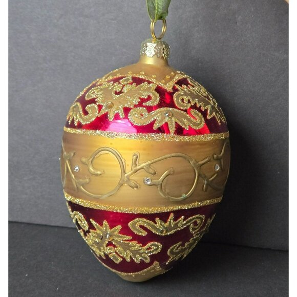 Frontgate Red Gold Glass Christmas Ornament 5" Jeweled Egg Pattern Holiday Decor - Picture 1 of 7